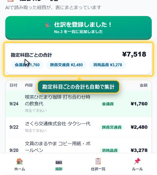 経費の一覧。勘定科目ごとの合計も自動で計算されます